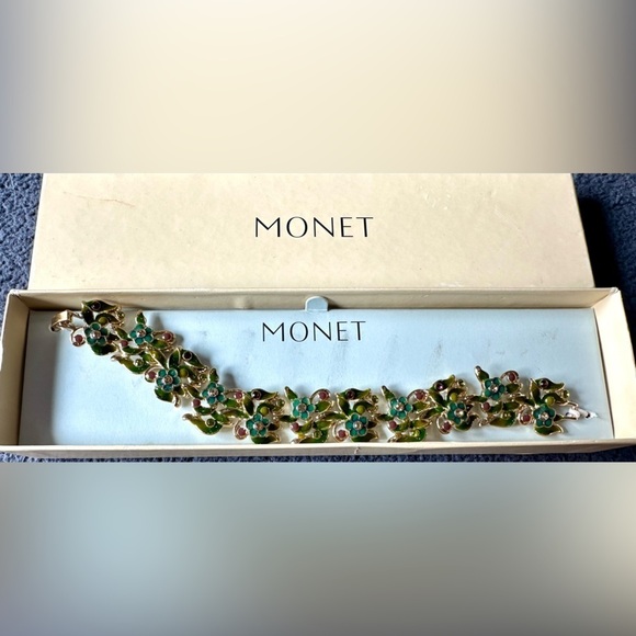 Monet Jewelry - Vintage Monet Green and Purple Floral Enamel Bracelet with Intricate Design